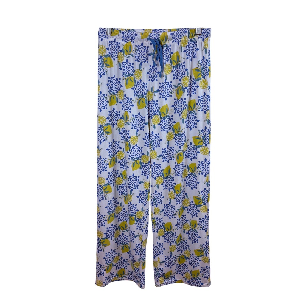 Hello Mello Lazy Daisy Lounge Pants S/M White Blue Lemon Print Soft Cozy Pajamas